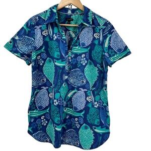 Talbots Fish Print Seersucker Tunic Womens Large Blue Excellent Coastal Top